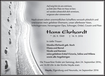 Traueranzeige von Hans Ehrhardt von Südthüringer Presse
