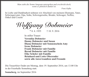 Traueranzeige von Wolfgang Dobmeier von Südthüringer Presse