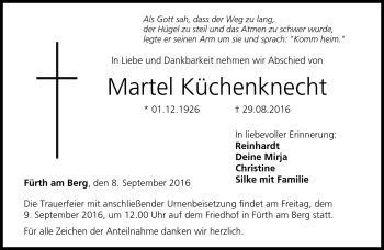 Traueranzeige von Martel Küchenknecht von Neue Presse Coburg
