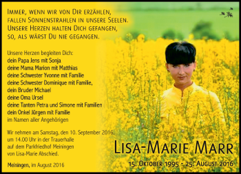 Traueranzeige von Lisa-Marie Marr von Südthüringer Presse