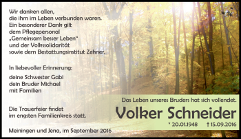 Traueranzeige von Volker Schneider von Südthüringer Presse
