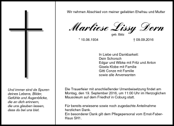 Traueranzeige von Marliese Lissy Dorn von Neue Presse Coburg