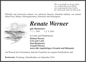 Traueranzeige von Renate Werner von Südthüringer Presse