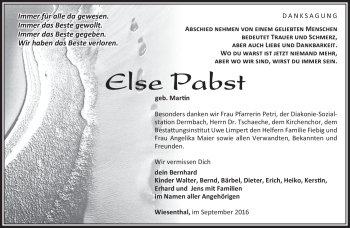 Traueranzeige von Else Pabst von Südthüringer Presse
