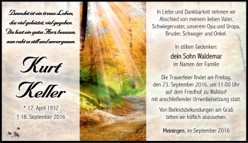 Traueranzeige von Kurt Keller von Südthüringer Presse