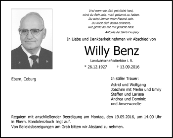 Traueranzeige von Willy Benz von Neue Presse Coburg