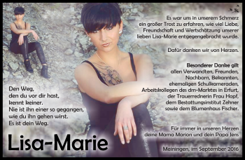 Traueranzeige von Lisa-Marie Marr von Südthüringer Presse