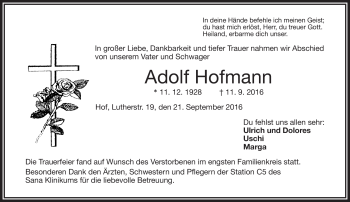 Traueranzeige von Adolf Hofmann von Frankenpost