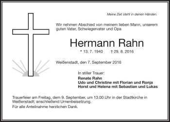 Traueranzeige von Hermann Rahn von Frankenpost