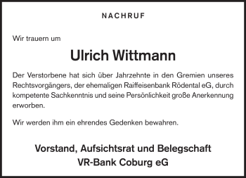 Traueranzeige von Ulrich Wittmann von Neue Presse Coburg
