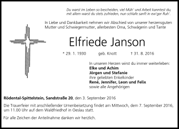 Traueranzeige von Elfriede Janson von Neue Presse Coburg