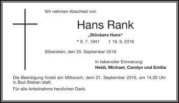 Traueranzeige von Hans Rank von Frankenpost