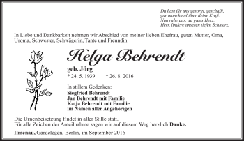 Traueranzeige von Helga Behrendt von Südthüringer Presse