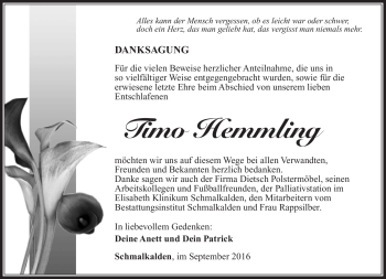 Traueranzeige von Timo Hemmling von Südthüringer Presse