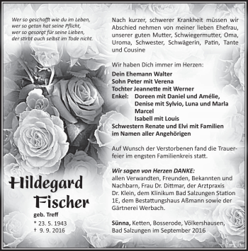 Traueranzeige von Hildegard Fischer von Südthüringer Presse