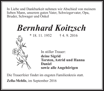 Traueranzeige von Bernhard Koitzsch von Südthüringer Presse