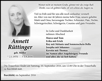 Traueranzeige von Annett Rüttinger von Südthüringer Presse