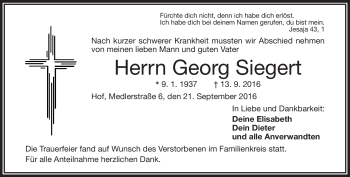 Traueranzeige von Georg Siegert von Frankenpost