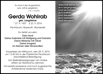 Traueranzeige von Gerda Wohlrab von Frankenpost