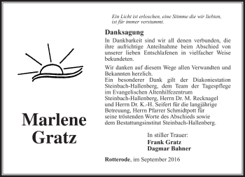 Traueranzeige von Marlene Gratz von Südthüringer Presse