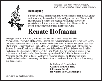 Traueranzeige von Renate Hofmann von Südthüringer Presse