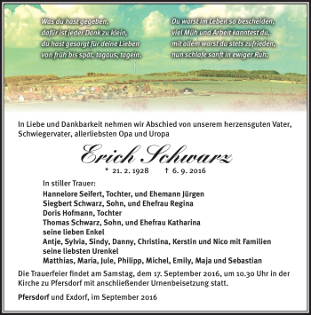 Traueranzeige von Erich Schwarz von Südthüringer Presse