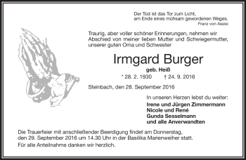 Traueranzeige von Irmgard Burger von Frankenpost