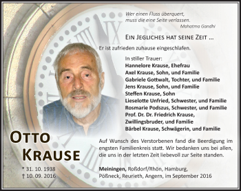 Traueranzeige von Otto Krause von Südthüringer Presse