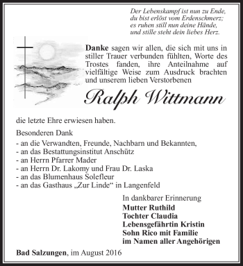 Traueranzeige von Ralph Wittmann von Südthüringer Presse