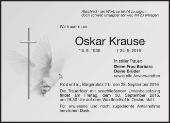 Traueranzeige von Oskar Krause von Neue Presse Coburg