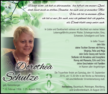 Traueranzeige von Dorothea Schulze von Südthüringer Presse