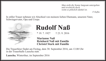 Traueranzeige von Rudolf Naß von Südthüringer Presse