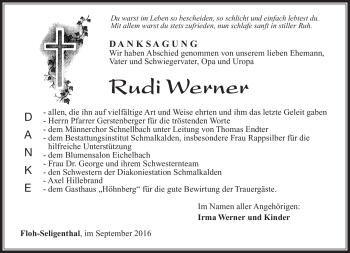 Traueranzeige von Rudi Werner von Südthüringer Presse