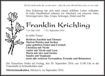 Traueranzeige von Franklin Krichling von Südthüringer Presse