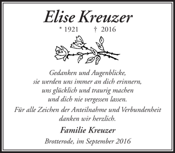 Traueranzeige von Elise Kreuzer von Südthüringer Presse