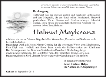 Traueranzeige von Helmut Meykranz von Südthüringer Presse