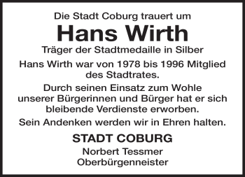 Traueranzeige von Hans Wirth von Neue Presse Coburg