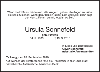 Traueranzeige von Ursula Sonnefeld von Neue Presse Coburg