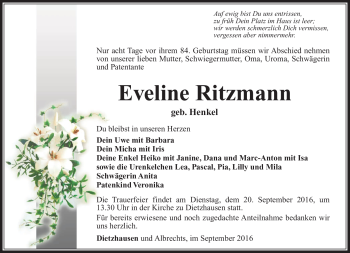 Traueranzeige von Eveline Ritzmann von Südthüringer Presse