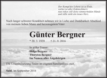 Traueranzeige von Günter Bergner von Südthüringer Presse