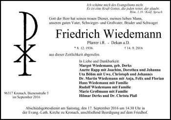 Traueranzeige von Friedrich Wiedemann von Neue Presse Coburg