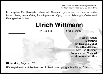 Traueranzeige von Ulrich Wittmann von Neue Presse Coburg