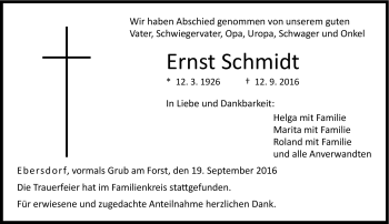 Traueranzeige von Ernst Schmidt von Neue Presse Coburg
