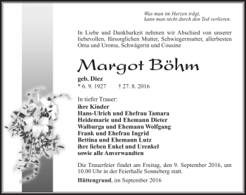Traueranzeige von Margot Böhm von Südthüringer Presse