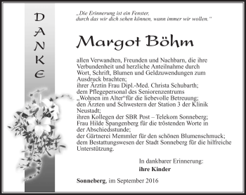 Traueranzeige von Margot Böhm von Südthüringer Presse