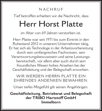 Traueranzeige von Horst Platte von Südthüringer Presse