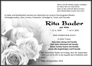 Traueranzeige von Rita Bader von Südthüringer Presse