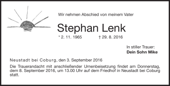Traueranzeige von Stephan Lenk von Neue Presse Coburg