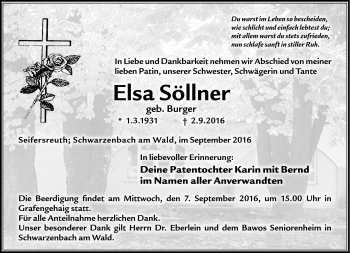 Traueranzeige von Elsa Söllner von Frankenpost
