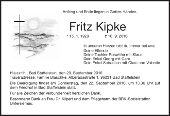 Traueranzeige von Fritz Kipke von Neue Presse Coburg